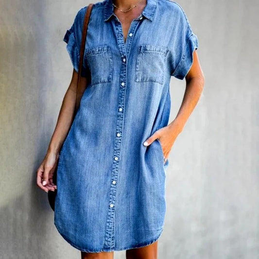 Independent Station   Cross-Border New European and American Lapel Short Sleeve Slim Fit Dress Denim Shirt Dress Women