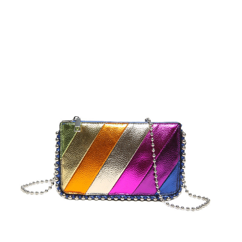 XIANGTUIBAO 2025 Women's bag new contrasting color splicing trendy rainbow striped small square bag bead chain shoulder bag fashionable messenger bag