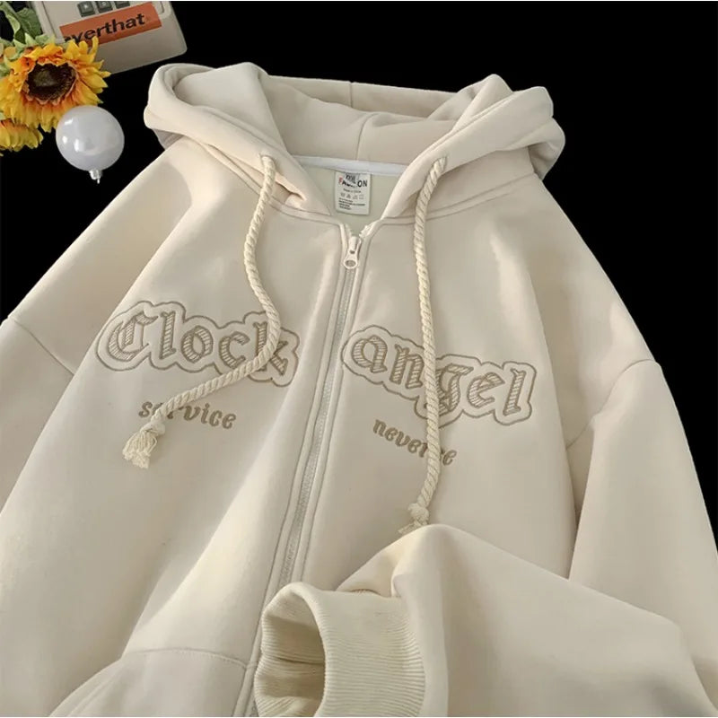 xiangtuibao -  Men Zip-up Hoodies Embroidered Clock Angel Letter Vintage Hooded Gothic Trend Couple Outerwear Y2k Women Hoodie Autumn Cardigan