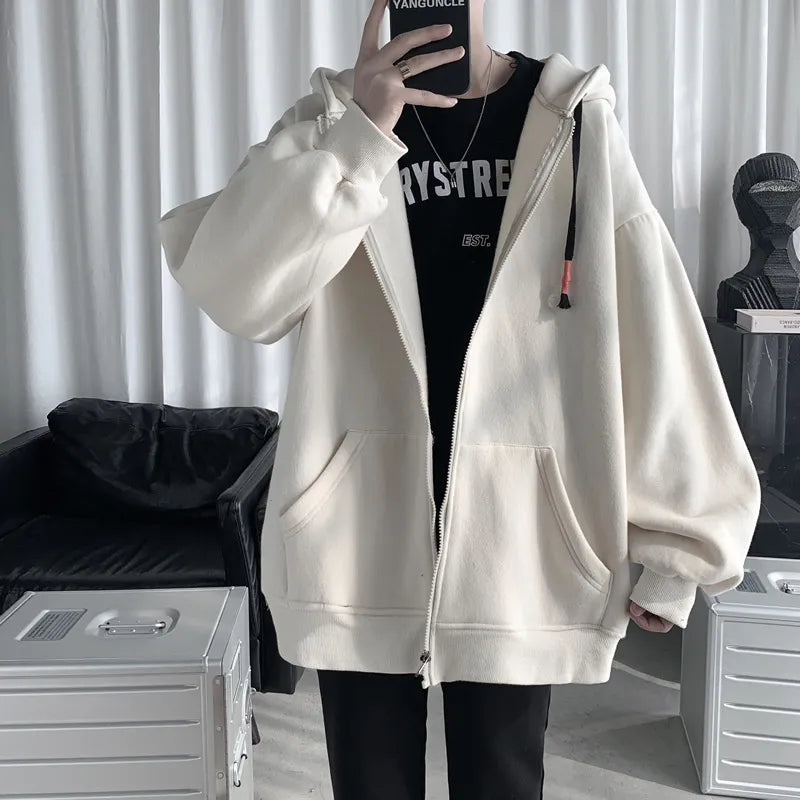 xiangtuibao Spring Trend Japanese Oversized Casual Zipper Hoodies Retro Solid Color Streetwear Men Harajuku Loose Casual Fashion Jackets