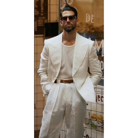 xiangtuibao New Arrival Linen Suits For Men Slim Fit Peaked Lapel Groom Wedding Tuxedo Blazer Fashiion Jacket Pants 2Pcs Men's Wear Custom