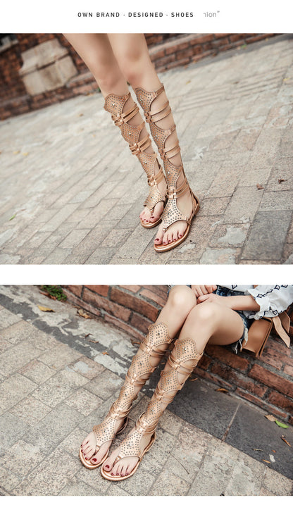 xiangtuibao  Zipper Ladies Fashion Rivet Knee High Boots Shoes Flip Flops Summers Flats Elegant Women Sandals Female Casual Outdoor Sandal