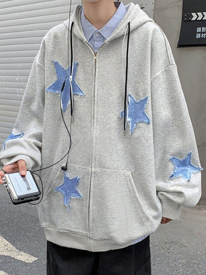 xiangtuibao Y2k Men's Star Patch Hoodies Harajuku Zip Up Oversized Sweatshirts Hip Hop Gothic Loose Pocket Korean Jacket Hoodie Streetwear