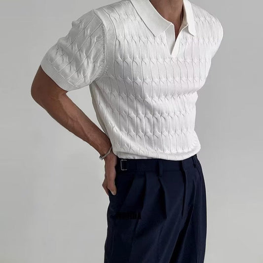 xiangtuibao Casual Jacquard Knit Polo Shirt Men Fashion Solid Elastic Knitted Slim Tops Summer Vintage Short Sleeve Polo Tee Mens Streetwear