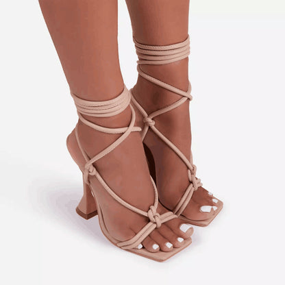 xiangtuibao Summer women sandals narrow band vintage square toe high heels cross strap thong sandals women V shape design shoes women