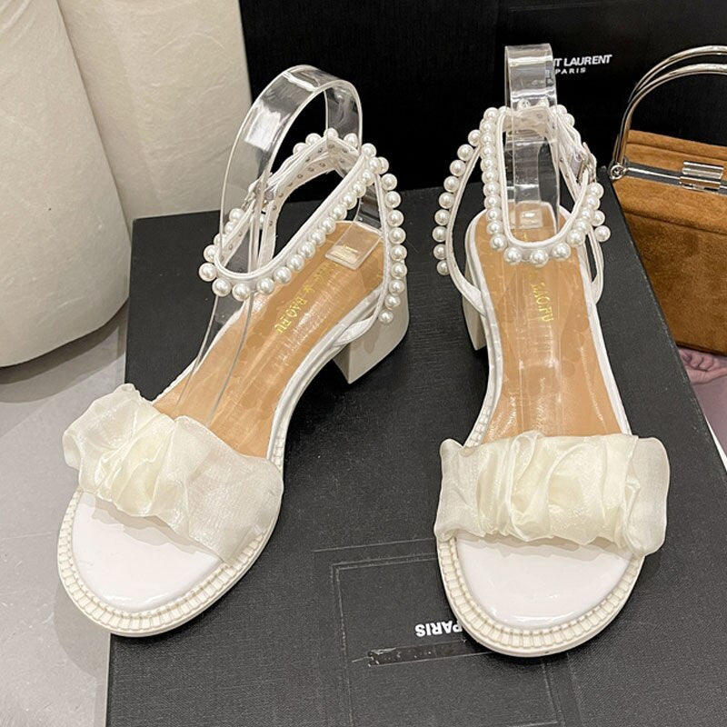 xiangtuibao  Sandals White  bow Pearl Rhinestone Bow Ribbon Sweety Princess Style Lower Square Heels Short Fat Heels