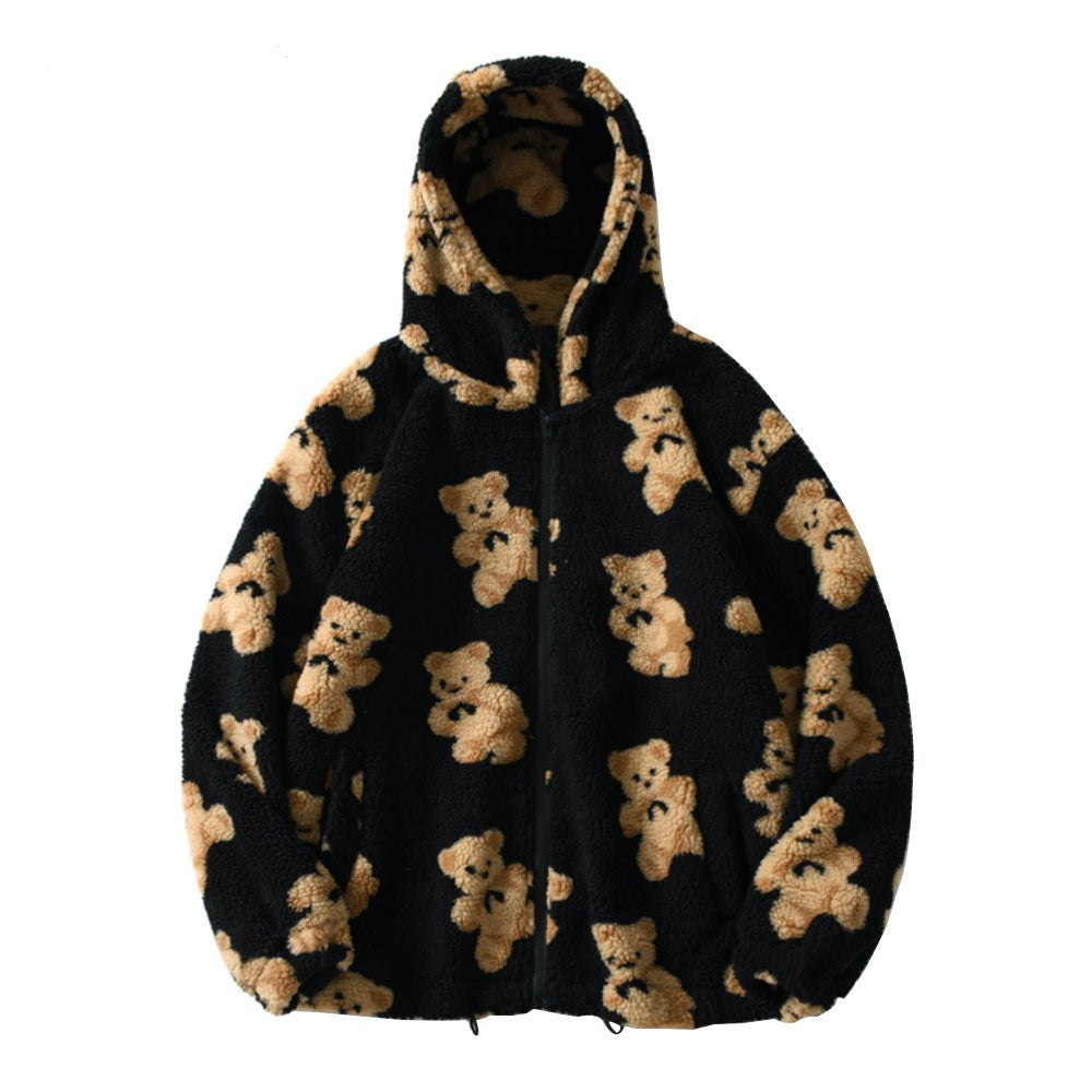 xiangtuibao Fleece Hooded Jackets Streetwear Casual Harajuku Hip Hop Men Women Fashion Bear Print Full Zip Hooded Coat Tops Outwear