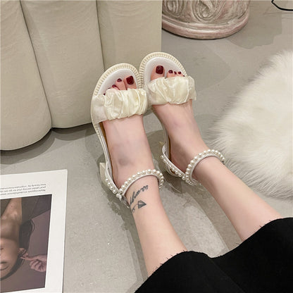 xiangtuibao  Sandals White  bow Pearl Rhinestone Bow Ribbon Sweety Princess Style Lower Square Heels Short Fat Heels