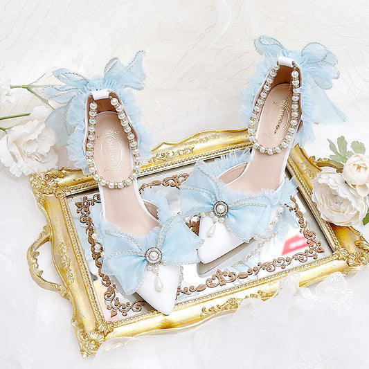 xiangtuibao Lady Sandals Bow  Light Blue Chiffon Bow Knot Pointed Retro Lolita Princess Women's Shoes Pearl Straight Strap Hollow High Heels