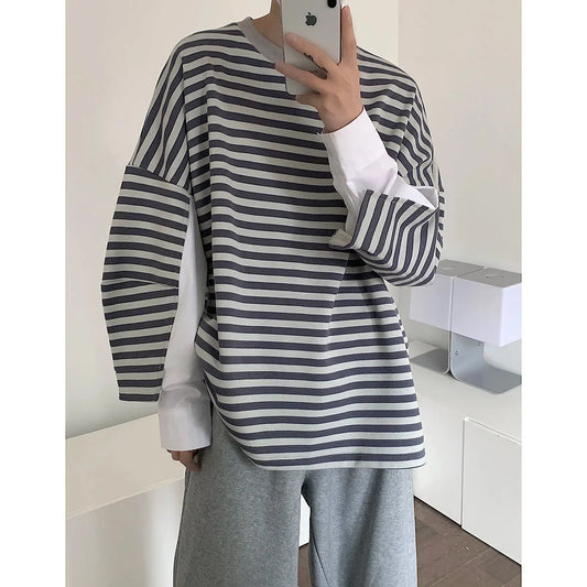 xiangtuibao Men's High-quality Cotton Striped Hoodies Printing Oversized Sweatshirts Round Neck Casual Pullover Loose Long Sleeves Coat