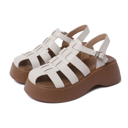 Split  Leather Platform Sandals Japanese Retro Gladiator Woman Flats Buckle Strap Woman Simple Shoes Summer Sandal Roman Style