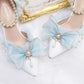 xiangtuibao Lady Sandals Bow  Light Blue Chiffon Bow Knot Pointed Retro Lolita Princess Women's Shoes Pearl Straight Strap Hollow High Heels