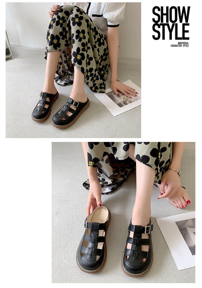 Female Shoes Low Cover Toe Slippers Casual Fretwork Heels Slides  Luxury Summer Flat Rubber PU Fretwork Heels Cover Toe Low