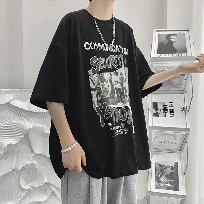 xiangtuibao Summer Men's Clothing Short Sleeve Loose Trend Fashion Printed Round Neck Casual Hong Kong Breeze Handsome Simplicity T-shirt