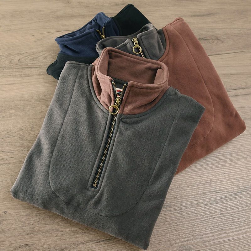 New Japanese casual sweatshirt half-open stand-up collar Korean men's trendy shirt contrast color American youth pullover tops