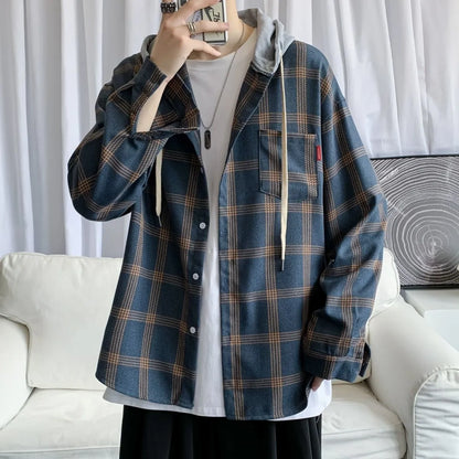 xiangtuibao Men Women Hooded Long Sleeve Shirt Casual Plaid Printed Shirts Couple Casual Clothes Hip Hop Streetwear Blouse Tops