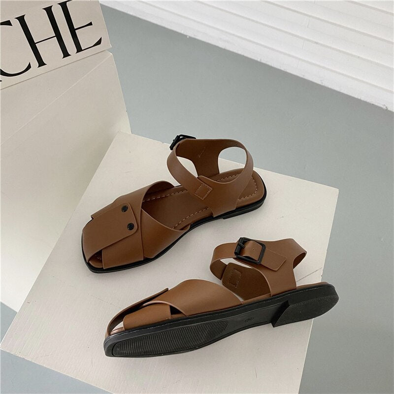 Bailamos Woman Retro Sandals Fashion Flats Buckle Strap Female Shoes Casual Outdoors Slides Lady Gladiaior Sandal Slippers