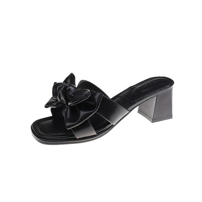 New Summer Open Toes Women's Med Heels Slippers Outdoor Beach Slippers Fashion Bow Black White Thick Heel Female Slides