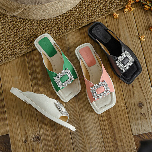 New Fashion Buckle Green Slippers Women Luxury Flat Casual Beach Slides Outdoor Square Toe Pink Summer Slippers Women Shoes