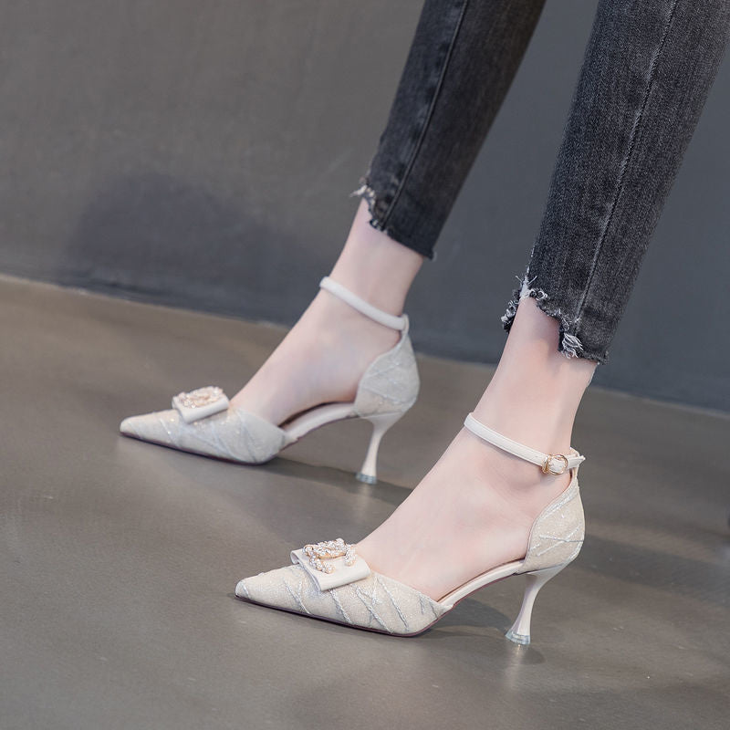 xiangtuibao   spring summer new pointed high heels For women's thin High heels sandals women's hollow one-line Wonmen Pumps shoes