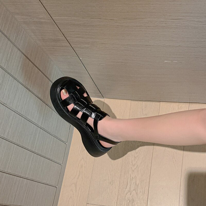 Split  Leather Platform Sandals Japanese Retro Gladiator Woman Flats Buckle Strap Woman Simple Shoes Summer Sandal Roman Style