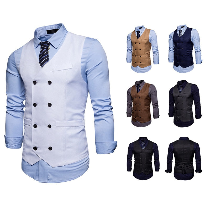 xiangtuibao Fashion Mens Double Breasted Blazer Casual Vest Sleeveless Suit Vest Male Plus Size Waistcoat Men Navy Blue Top for Men Slim Fit