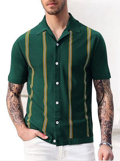 xiangtuibao Summer Short Sleeve Knitted Polo Shirt Casual Men Button-up Turn-down Collar Tops Mens Fashion Striped Polos Man Streetwear