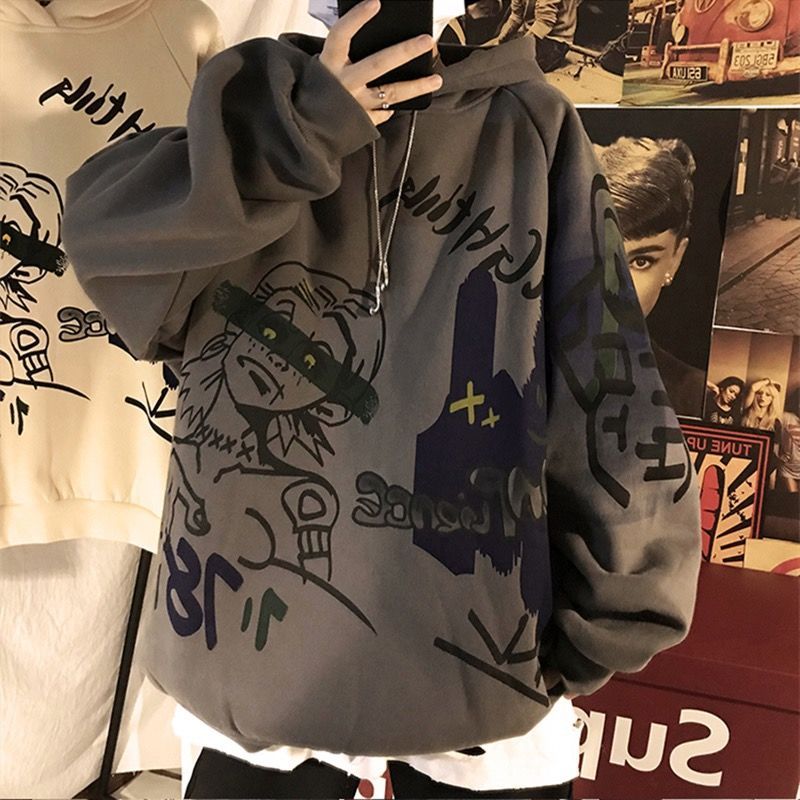 xiangtuibao Autumn and winter Korean style trend plus fleece hooded sweater men graffiti hip-hop all-match loose printed coat couple sweater