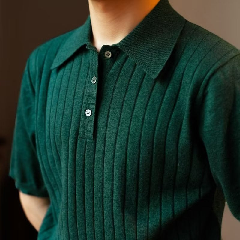 xiangtuibao Fashion Men Knit Polo Shirt Summer Short Sleeve Casual Strech Knitted Slim Tops Leisure Pure Color Button Lapel Men Polo T-shirt