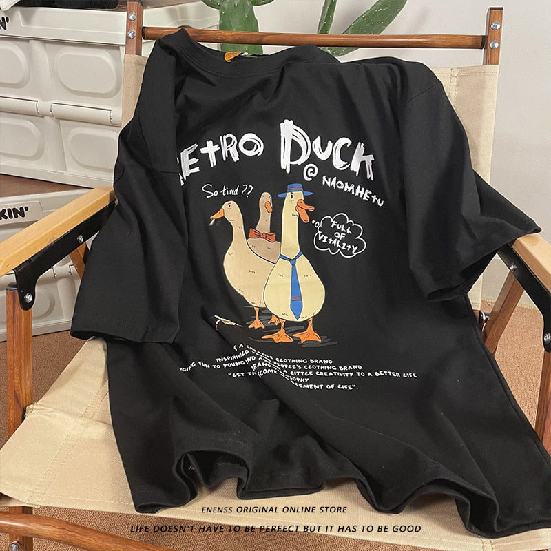 xiangtuibao Vintage Funny T-shirt for Mens Harajuku Cartoon Ducks Print Graphic T Shirts Y2k Streetwear American Tee Summer Short Sleeve Top