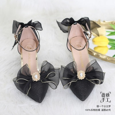 xiangtuibao French Girl Butterfly Multicolor Lace Bowknot Pearl Sequin Lolita Shoes Pointed Sandals High Heel Victoria Tea Party Cosplay Lol