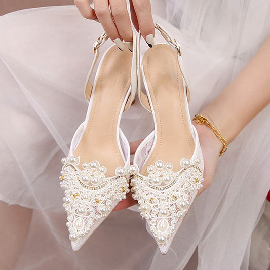 White Lace Pearl Wedding Pumps Heels Shoes for Women Crystal Luxury Pumps Elegant 9 Cm High Heels Sandals  Comfy Bridal Shoe