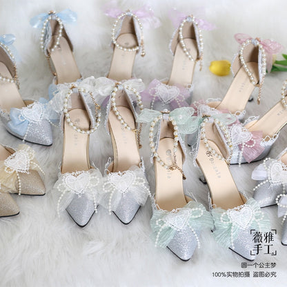 xiangtuibao Kawaii Girl Tea Party Elegant Pearl Love Lace Bowknot Lolita Shoes Multicolor Exquisite Embroidery Pointed Sandals Cosplay Lolit