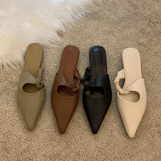 Vintage Brown Pleated Hollow Pointed Toe Mules Women Low Heels Shoes  New Fashion Casual Flat Summer Slippers Women Slides