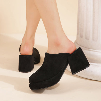 xiangtuibao Shoes Big Size Woman's Slippers Lady Heeled Mules Flock Low Slides Square heel  Girl High Block Rome Basic Rubber Fabric Sca