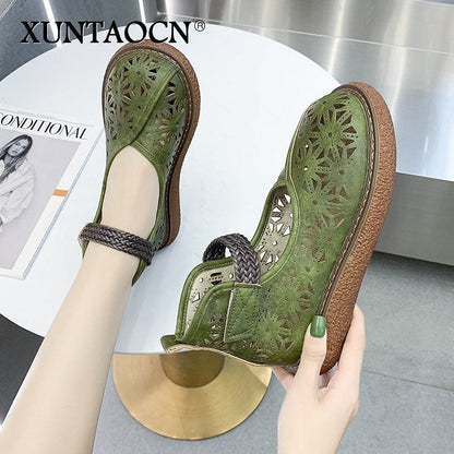 xiangtuibao  Summer Hollow Breathable Sandals Women's Shoes Retro Art Casual Comfortable Thick-soled Big Head Doll Sandals zapatillas