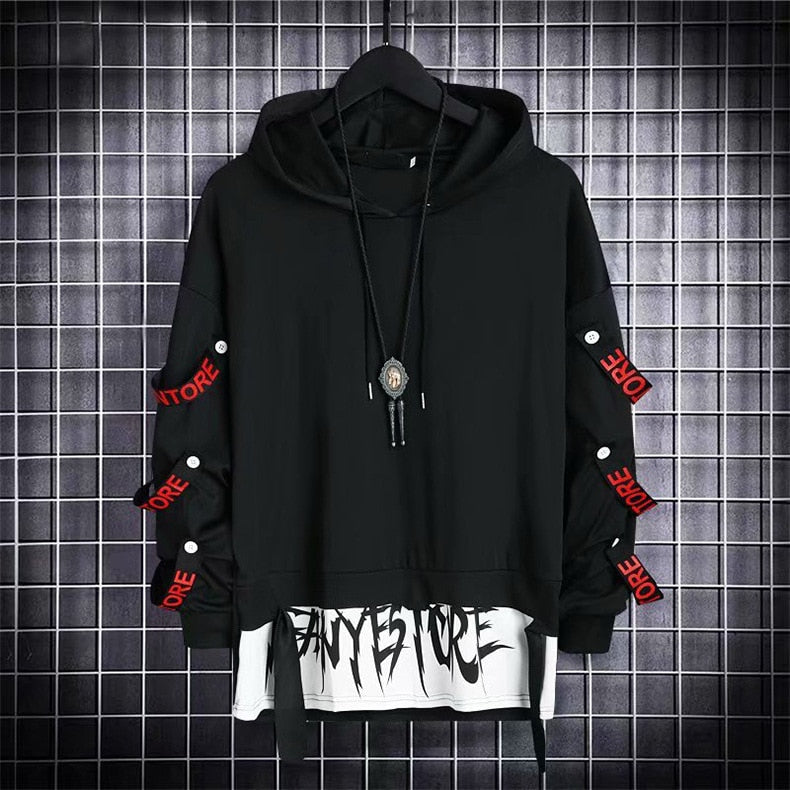 xiangtuibao Men's Hoodies Sweatshirt Autumn Casual Black Techwear Hip Hop Harajuku Hoodie Men Ribbons Patchwork Japanese Streetwear Darkwear