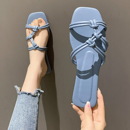 Narrow Band Weave Design Flat Slippers Women Summer Beach Slides Sandals  Casual Blue Slippers Women Shoes Plus Size 36-42