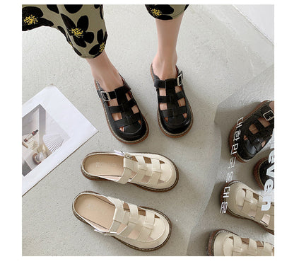 Female Shoes Low Cover Toe Slippers Casual Fretwork Heels Slides  Luxury Summer Flat Rubber PU Fretwork Heels Cover Toe Low