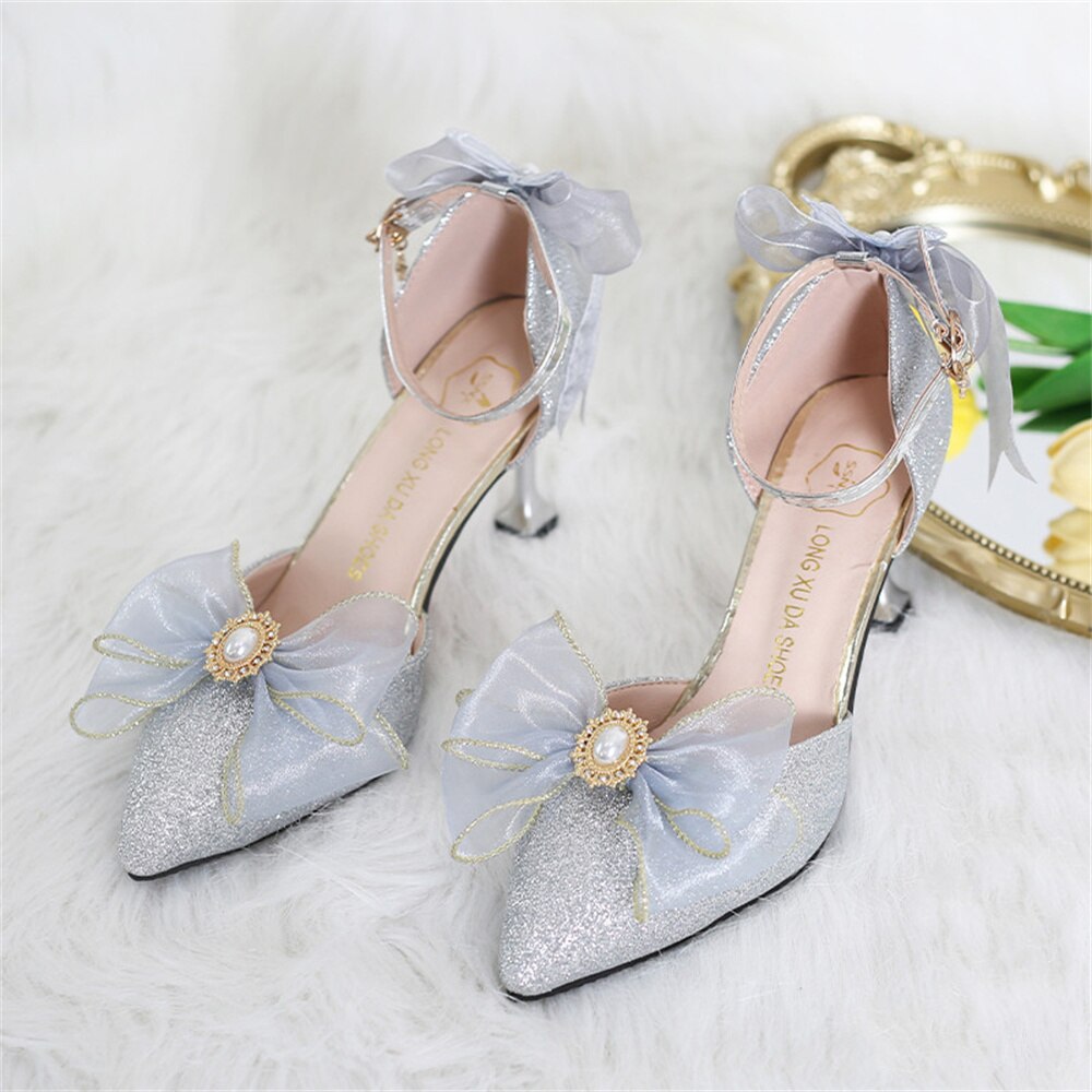 xiangtuibao French Girl Butterfly Multicolor Lace Bowknot Pearl Sequin Lolita Shoes Pointed Sandals High Heel Victoria Tea Party Cosplay Lol