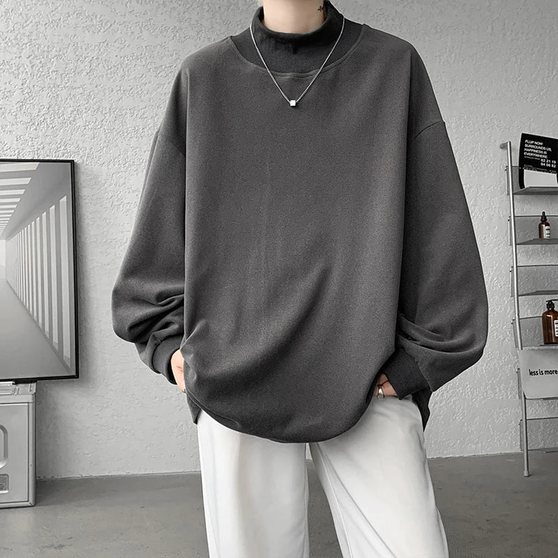 xiangtuibao  -  Autumn Winter Stand Collar T Shirt Men Oversized Casual T-shirt Men Streetwear Korean Loose Long Sleeve T-shirt Mens Top M-3XL