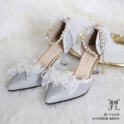 xiangtuibao Kawaii Girl Tea Party Elegant Pearl Love Lace Bowknot Lolita Shoes Multicolor Exquisite Embroidery Pointed Sandals Cosplay Lolit