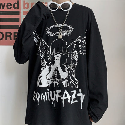 xiangtuibao Men Long Sleeve T-Shirts Autumn Print Gothic Vintage Ulzzang Cozy High Street Streetwear Trendy Baggy Korean Version Harajuku Bf