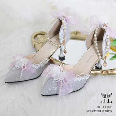 xiangtuibao Kawaii Girl Tea Party Elegant Pearl Love Lace Bowknot Lolita Shoes Multicolor Exquisite Embroidery Pointed Sandals Cosplay Lolit