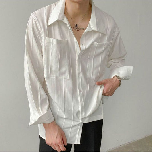 xiangtuibao Fashion Lapel Button Spliced Pockets All-match Shirts Men's Clothing Spring New Loose Casual Tops Solid Color Korean Shirt