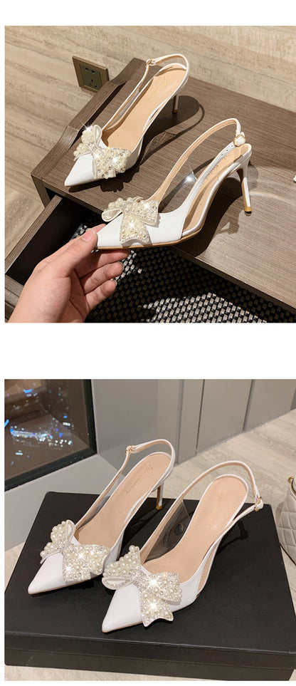 Women's Fashion Sandals Stiletto Point Rhinestone Pearls Korean Bride Bridesmaid Elegant Dress High Heels White Wedding Shoes