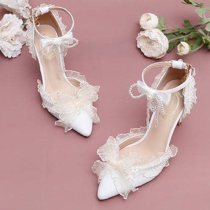 xiangtuibao Sandals Sweet Lolita Style Lolita Original Pointed Hollow Slotted Wristband Slim High Heel Women's Shoes Flowers Marry OL Bride