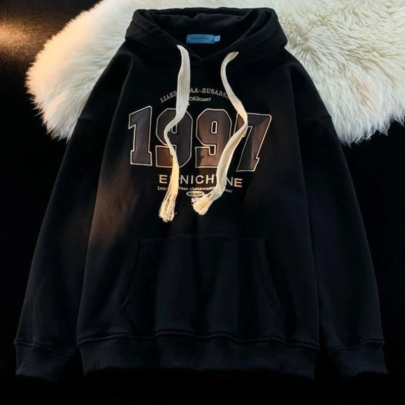 xiangtuibao - Japanese Letter Embroidered Hooded Sweatshirt Men Causal Loose Velvet Thickened Couple Sweatshirts Men Hoodies Male Clothes