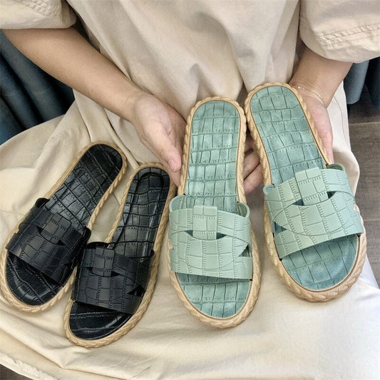 Women Fashion Outdoor Slippers Summer Slides Open Toe Flat Weave Leisure Sandal Female Korean Version Beach Flip Flops Big Size