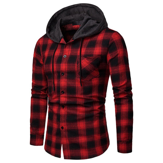 xiangtuibao Spring and Autumn Men's Fashion Plaid Hooded Shirt Spring and Autumn Jacket Shirt